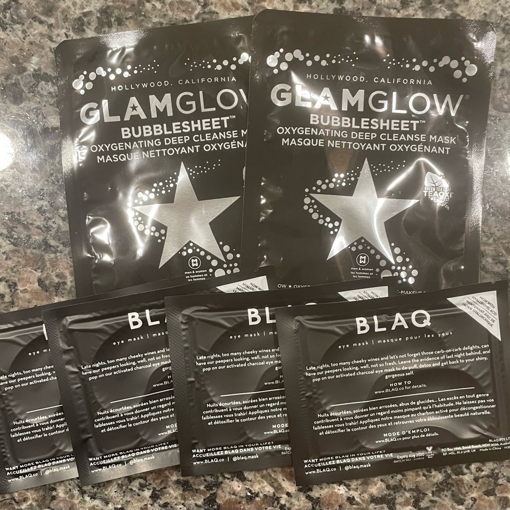 Glam glow bubble sheet and Blaq masks.